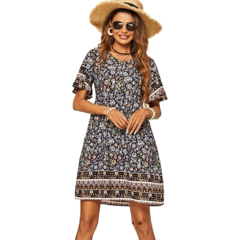 anna-kaci Bohemian Navy Print lightweight Short Sleeve Relaxed versatile Dress